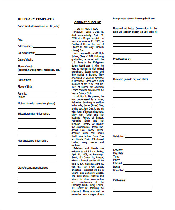 Fill In The Blank Obituary Template