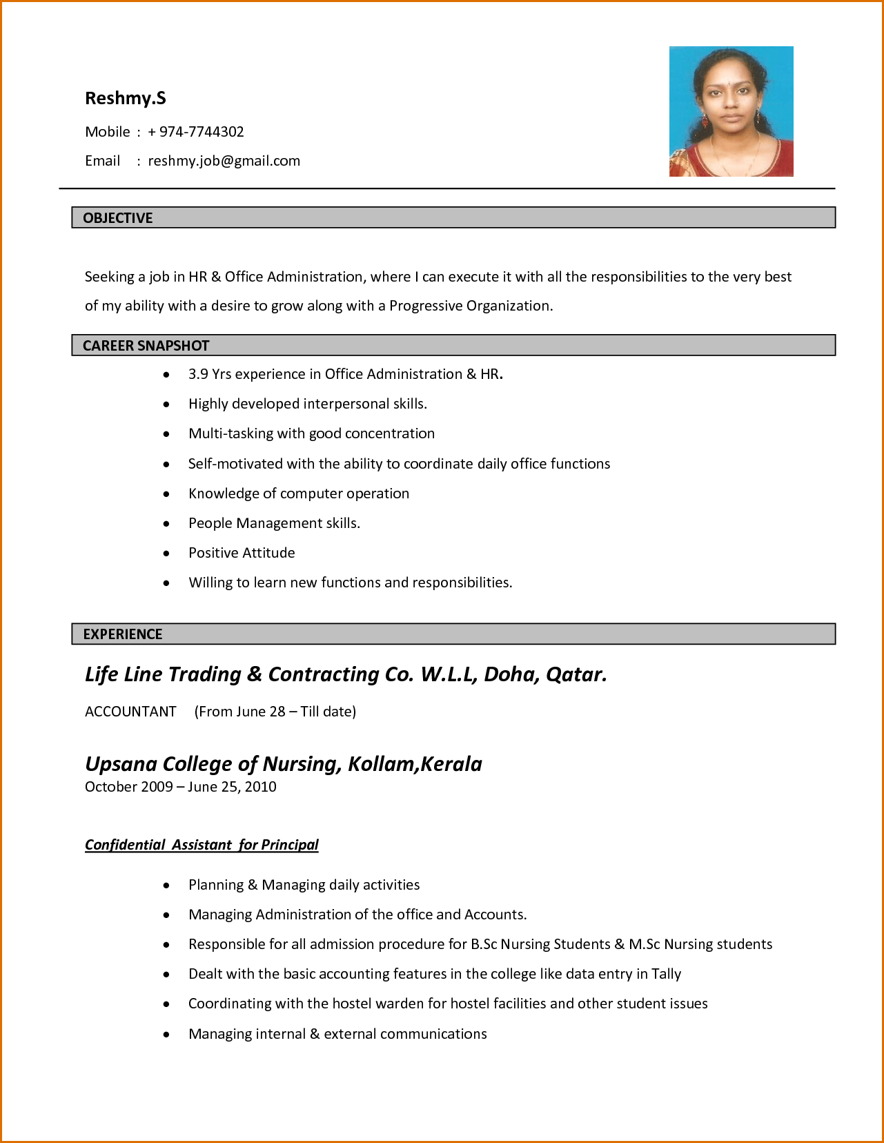 sample resume bio data
