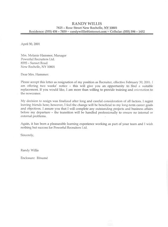 sample of letter resignation