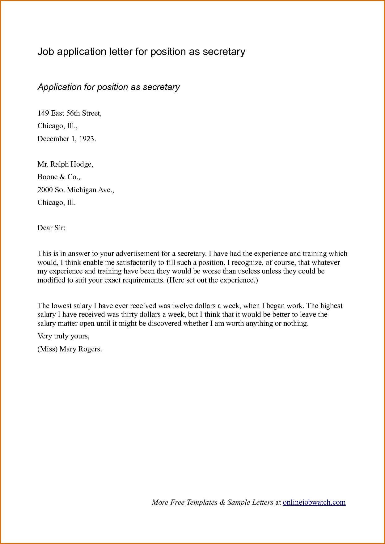 application letter for a new job