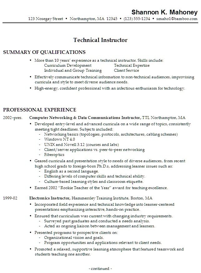 resume work experience samples